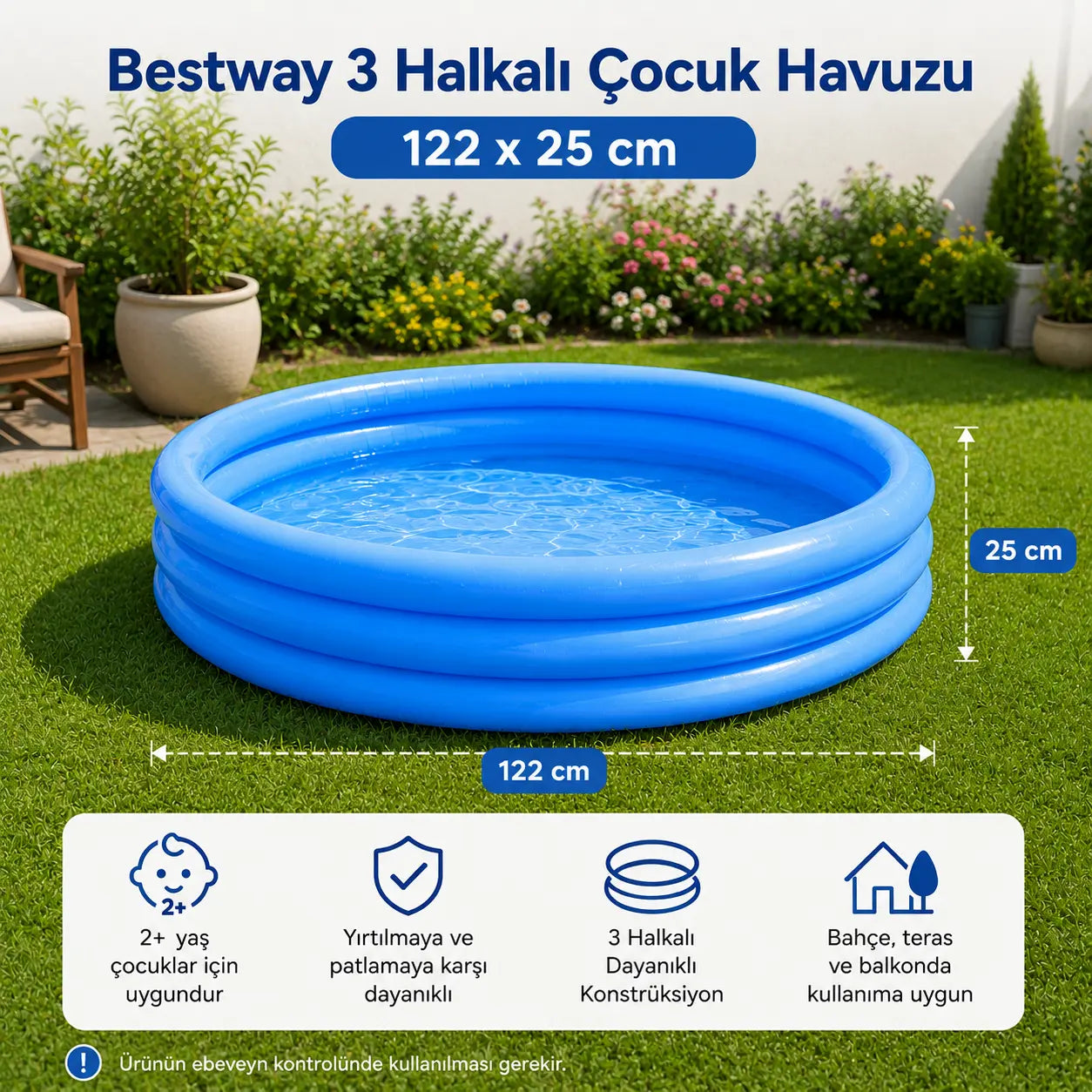 3 Halkalı Çocuk Şişme Havuzu - Mavi